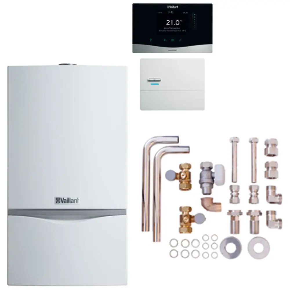 Vaillant Heizkessel in Weiß mit digitalem Thermostat, Zubehörteilen wie Rohren, Ventilen und Verbindungselementen auf hellem Hintergrund.